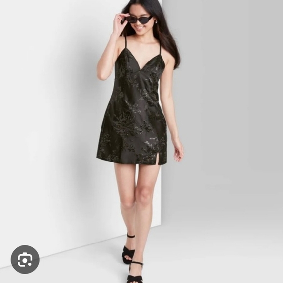Wild Fable LBD Black Embossed Floral Spaghetti Strap Mini Dress - Picture 1 of 8